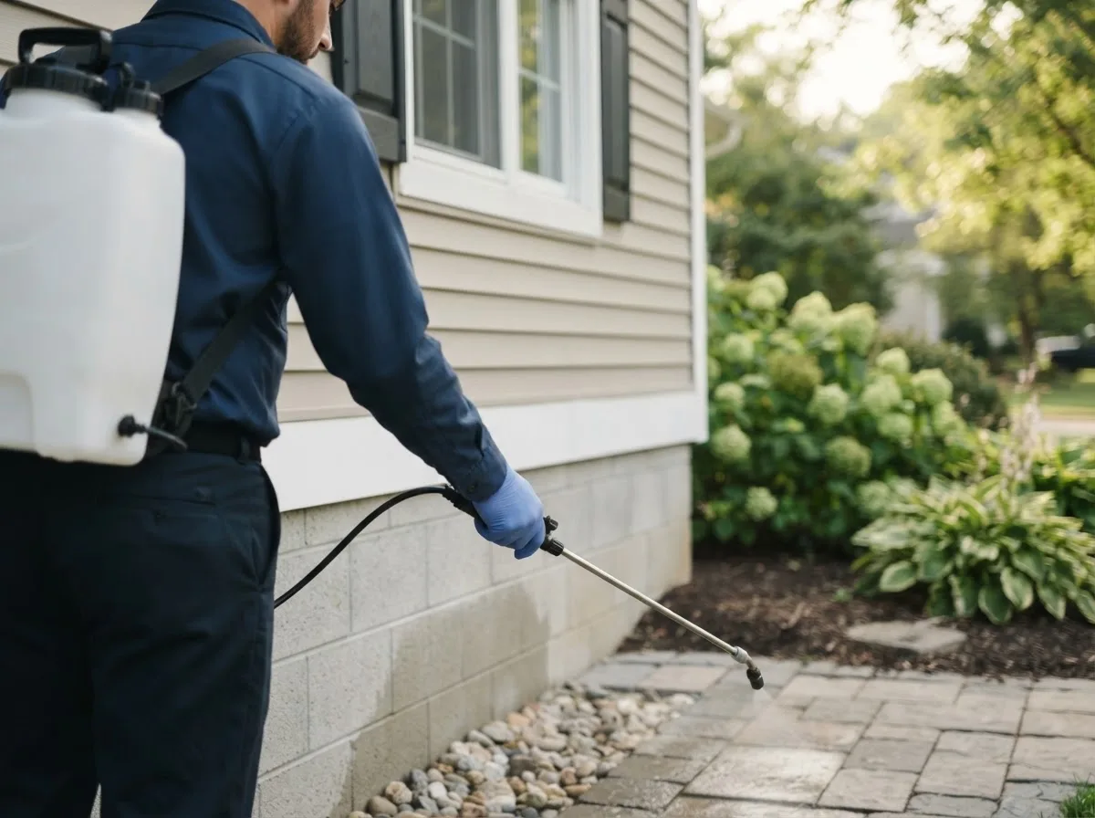 Pest control technician inspecting a home in Jamestown, KS